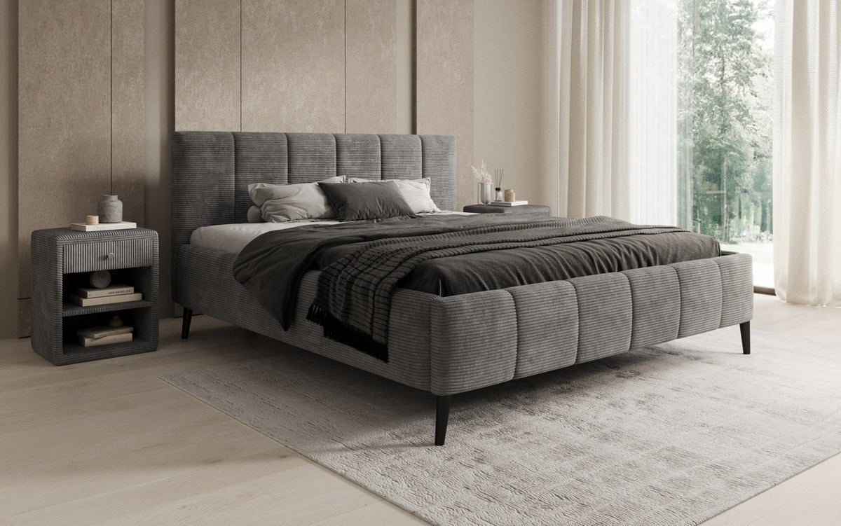 Designer Polsterbed Valerio in Ribstof met in hoogte verstelbare lattenbodem