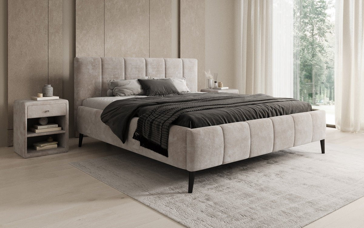 Designer Polsterbed Valerio in Ribstof met in hoogte verstelbare lattenbodem