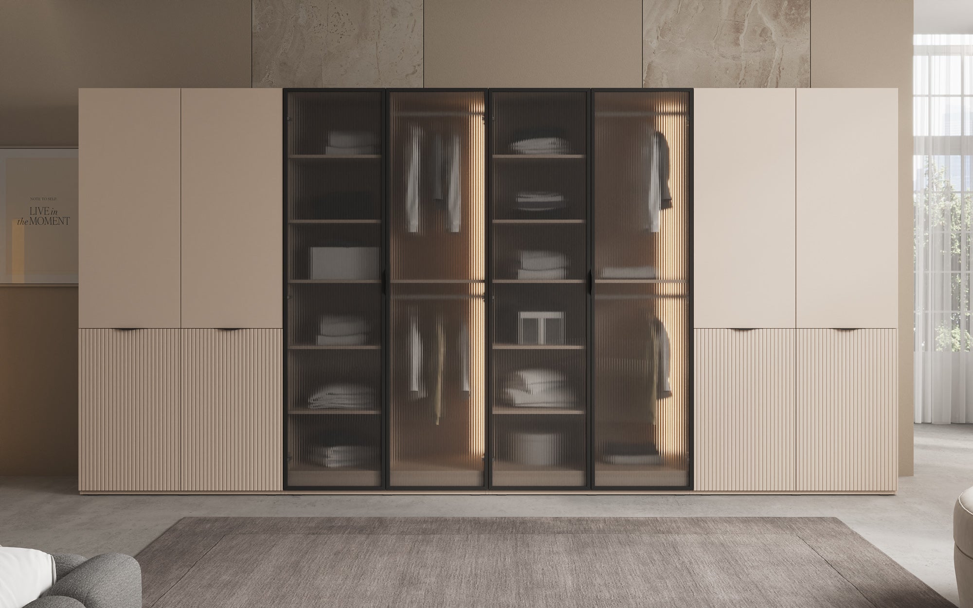 Modulo Rivon – Modulaire design-kledingkast met geribbelde glasfront en structuurpanelen