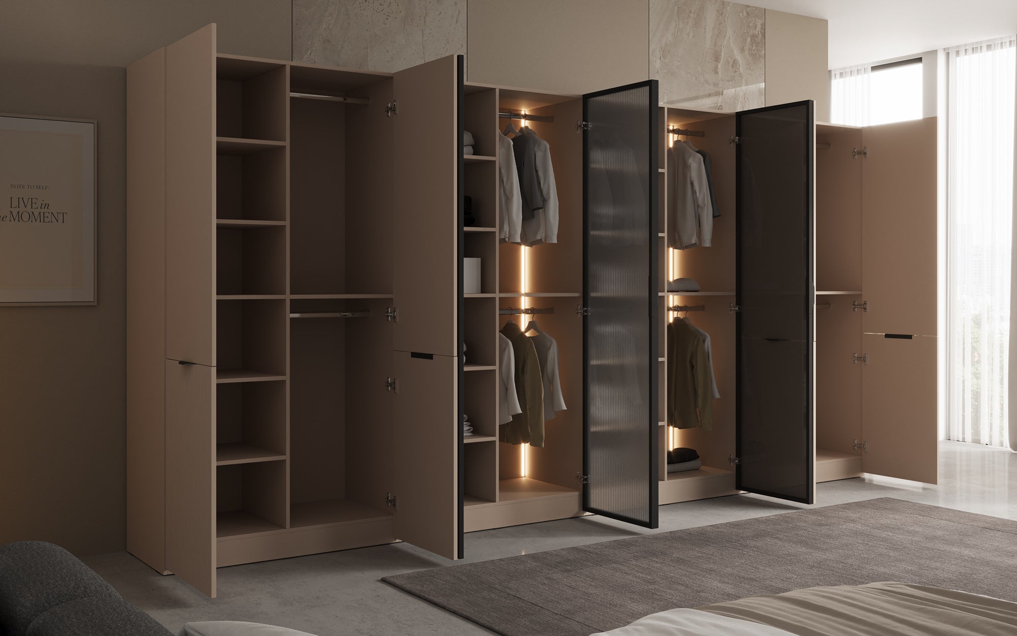Modulo Rivon – Modulaire design-kledingkast met geribbelde glasfront en structuurpanelen