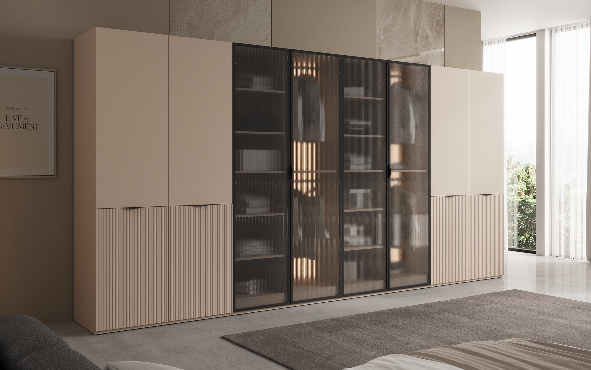 Modulo Rivon – Modulaire design-kledingkast met geribbelde glasfront en structuurpanelen