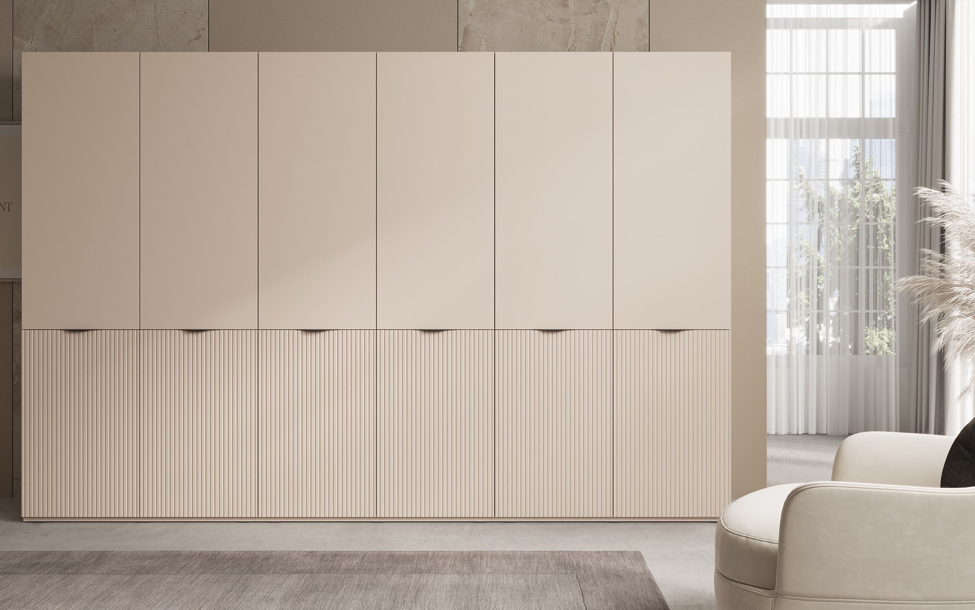 Modulo Faro – Drievoudige design-kledingkast met gestructureerd MDF-front