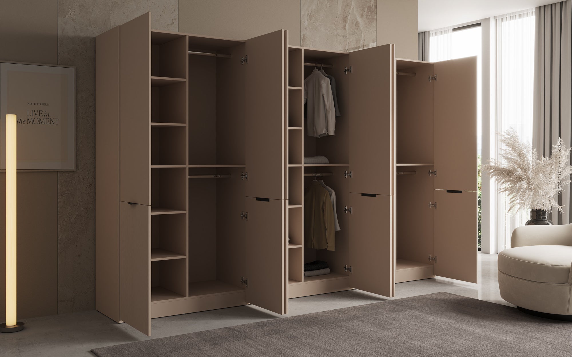 Modulo Faro – Drievoudige design-kledingkast met gestructureerd MDF-front