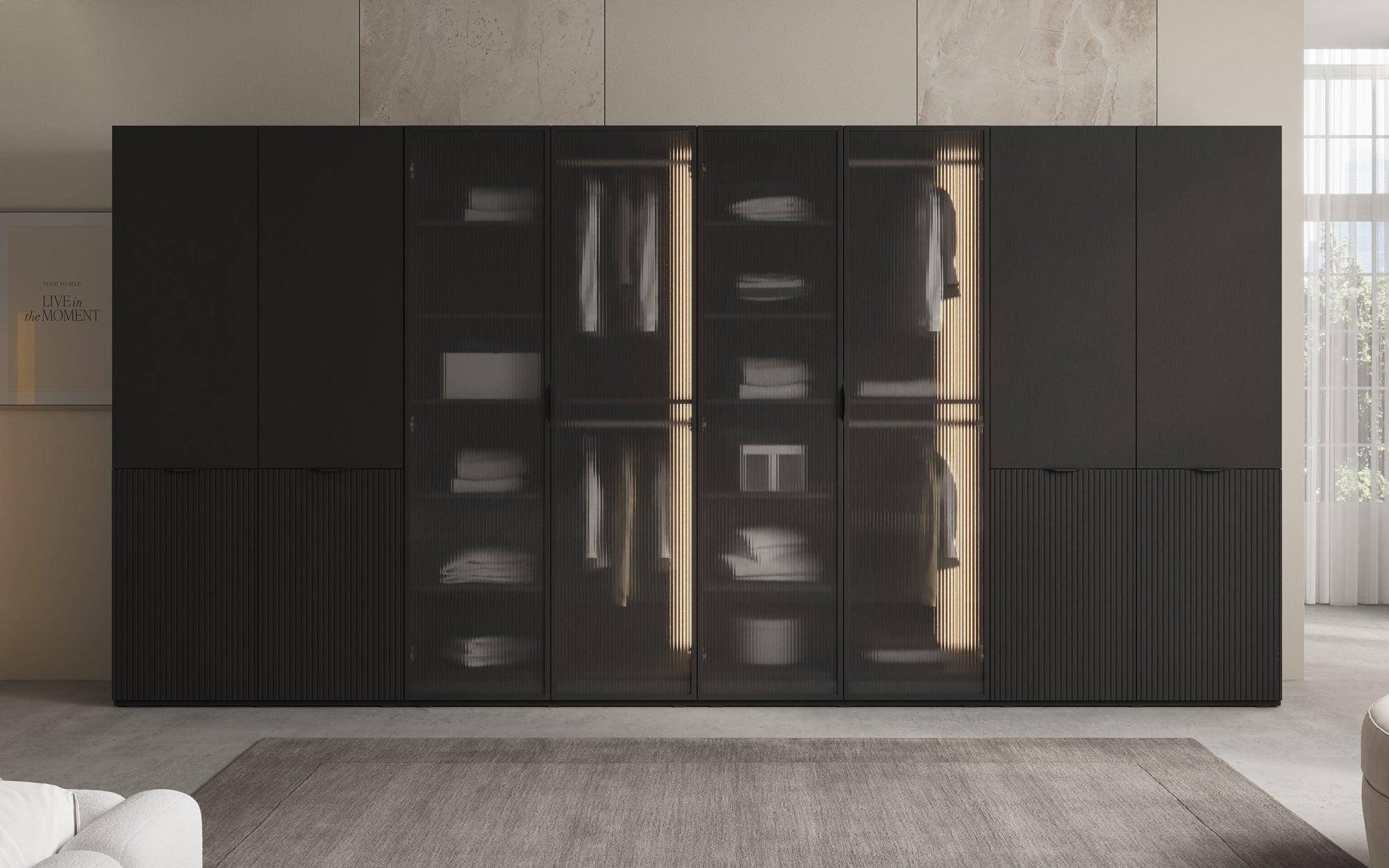 Modulo Rivon – Modulaire design-kledingkast met geribbelde glasfront en structuurpanelen