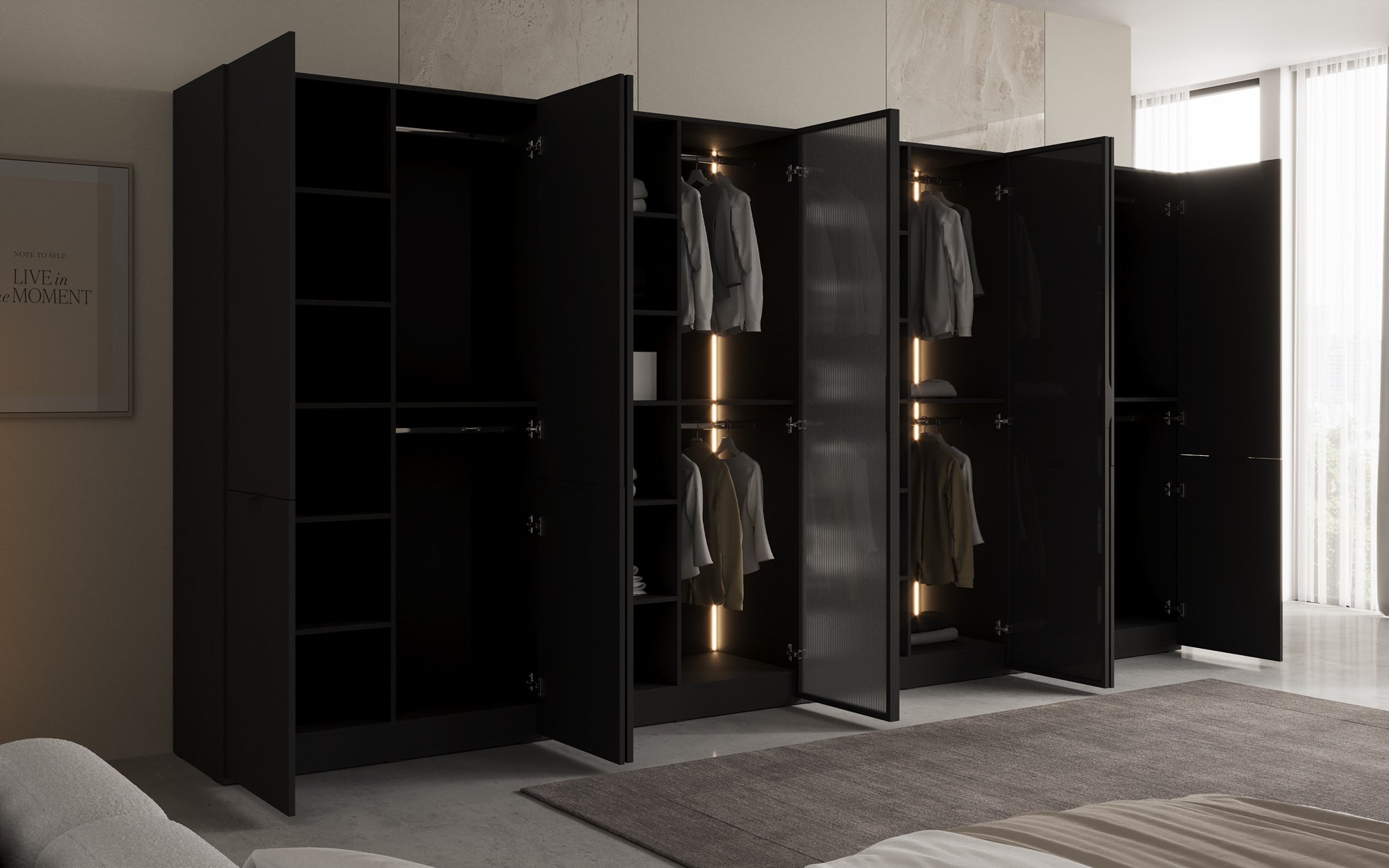 Modulo Rivon – Modulaire design-kledingkast met geribbelde glasfront en structuurpanelen