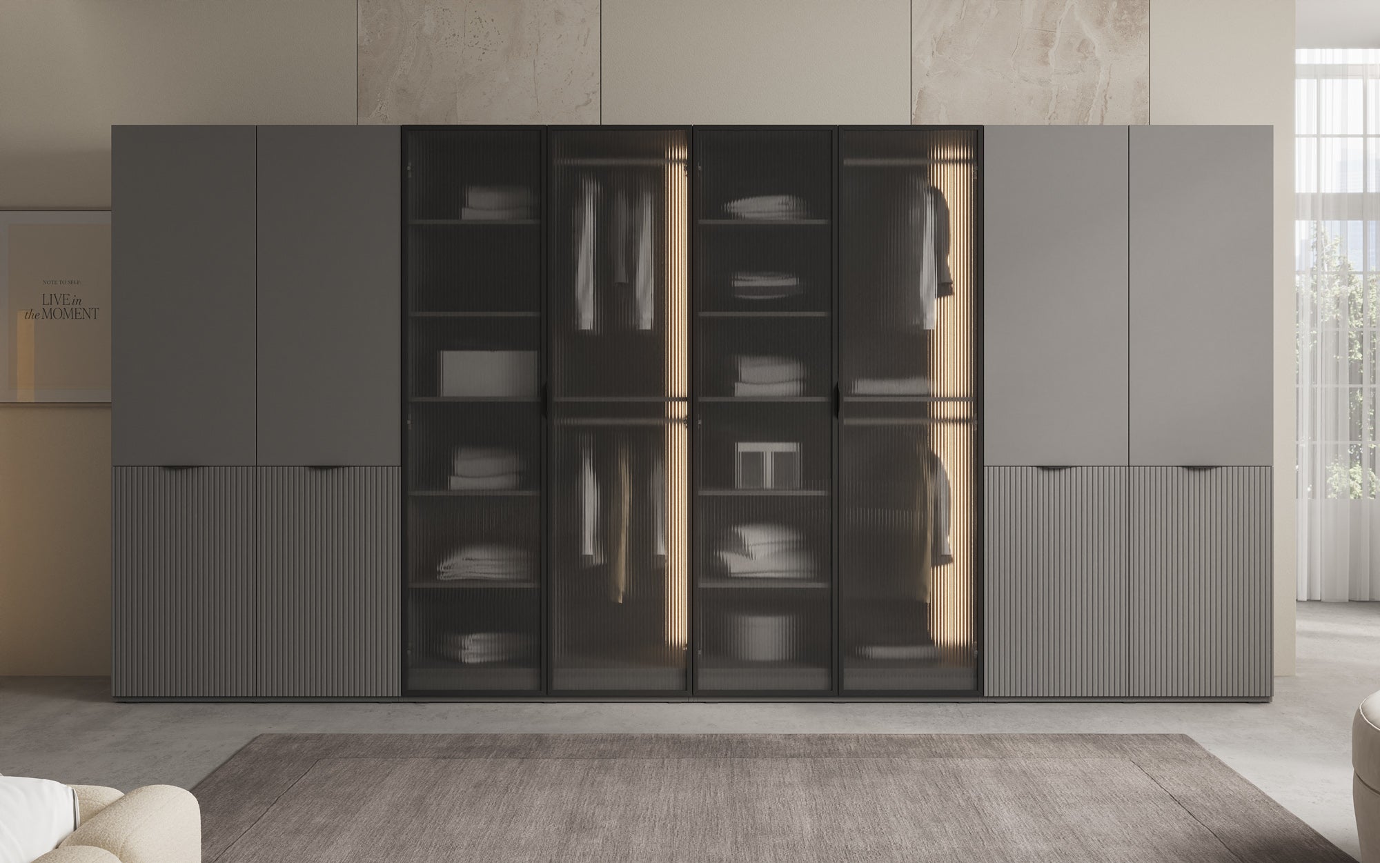 Modulo Rivon – Modulaire design-kledingkast met geribbelde glasfront en structuurpanelen