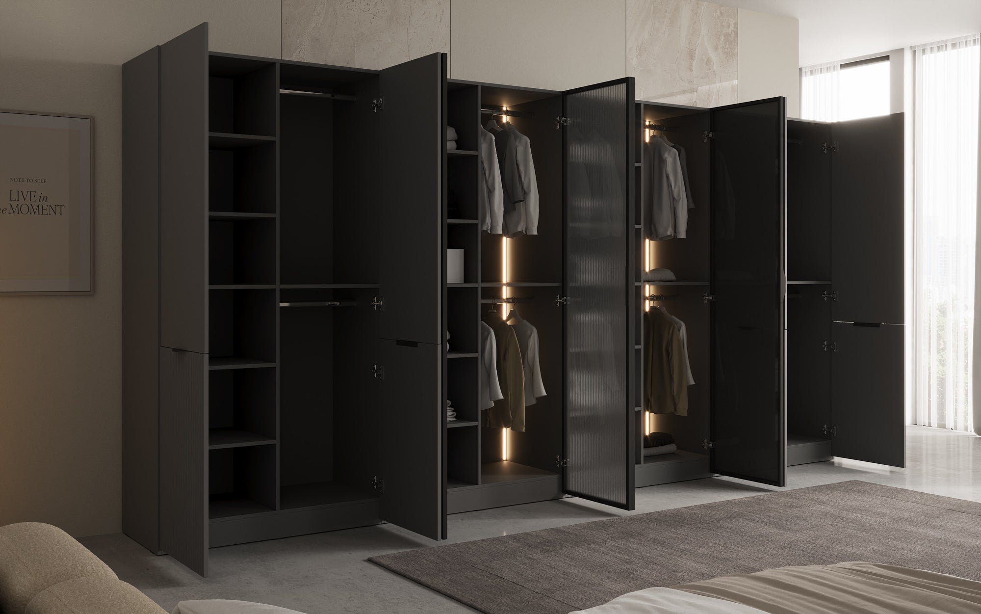 Modulo Rivon – Modulaire design-kledingkast met geribbelde glasfront en structuurpanelen