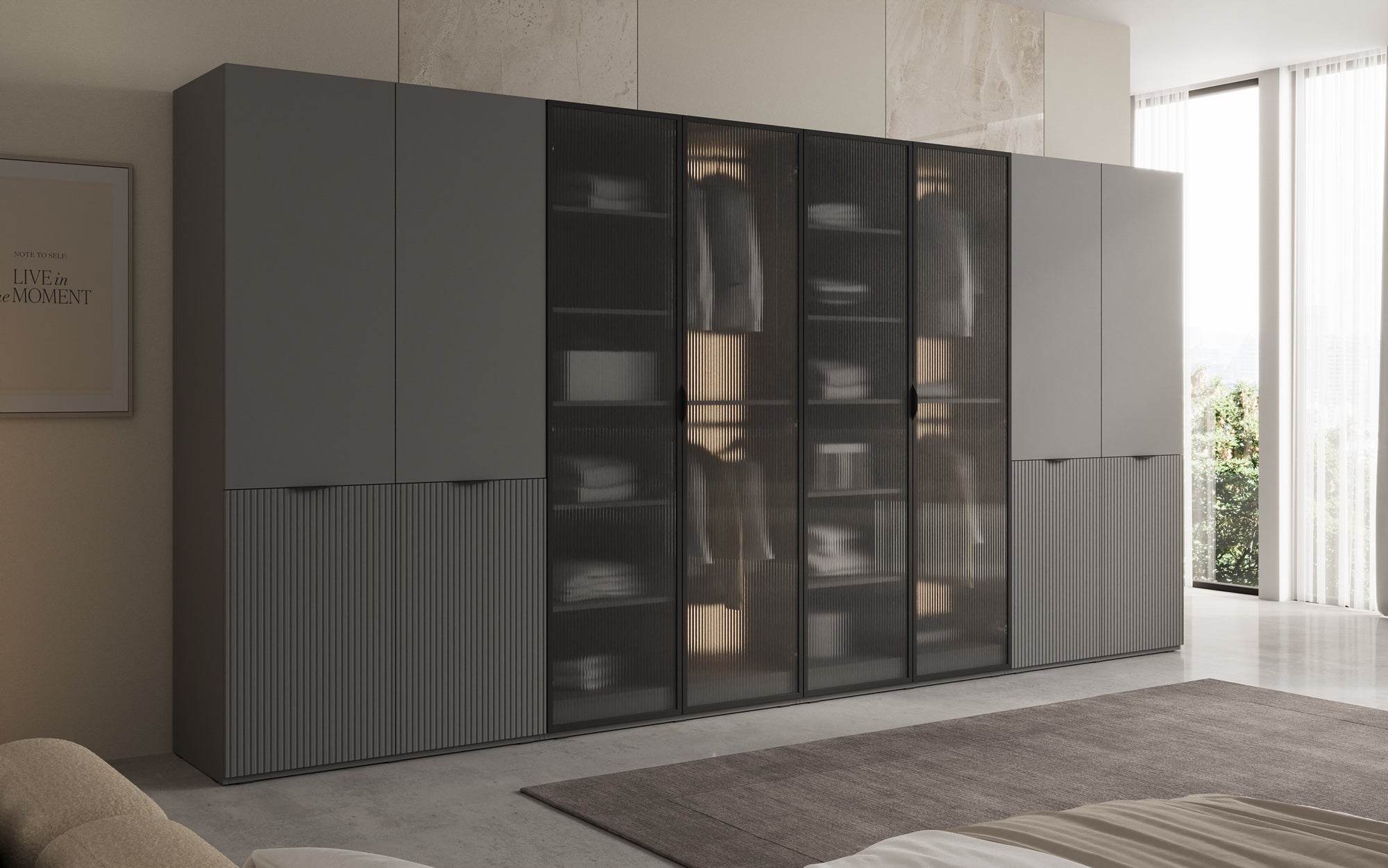 Modulo Rivon – Modulaire design-kledingkast met geribbelde glasfront en structuurpanelen
