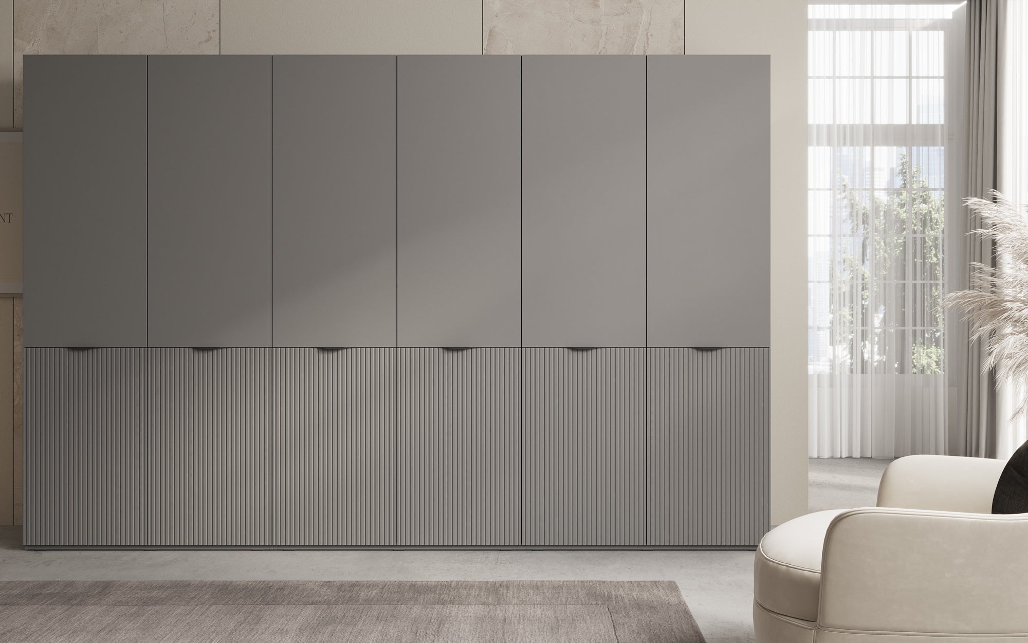 Modulo Faro – Drievoudige design-kledingkast met gestructureerd MDF-front