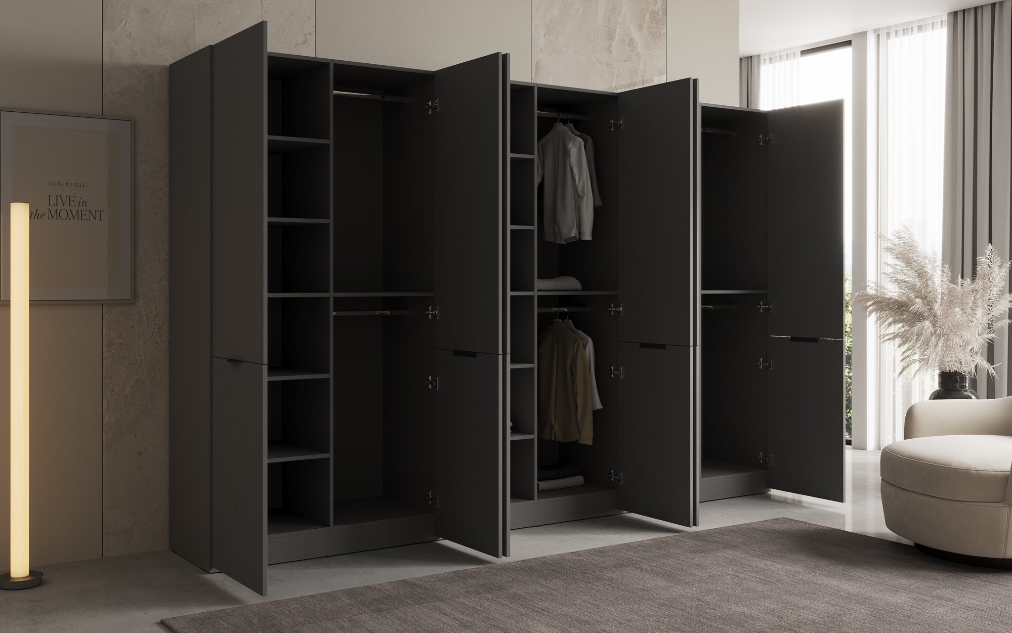 Modulo Faro – Drievoudige design-kledingkast met gestructureerd MDF-front
