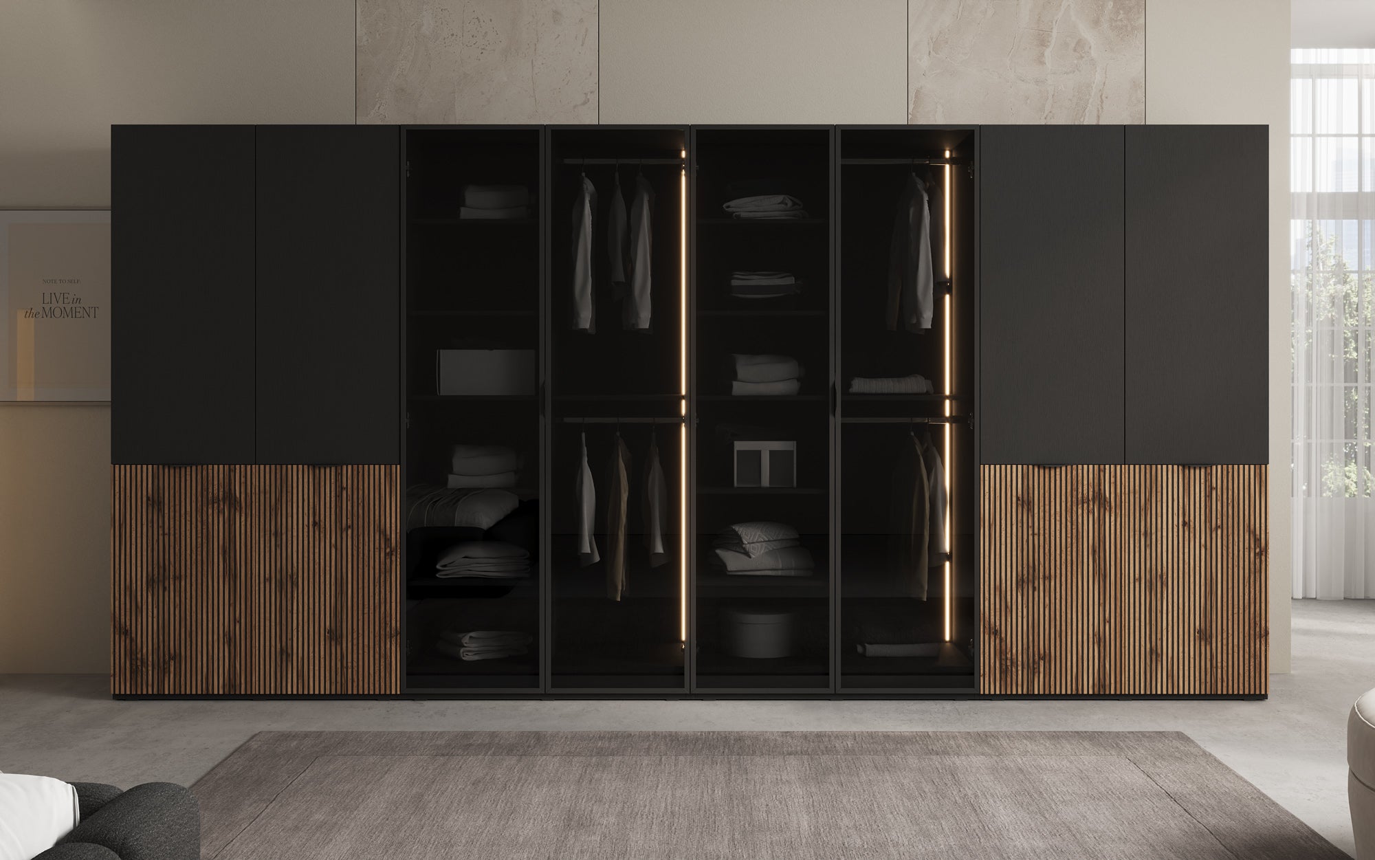 Modulo Arven XL – Vierdelige design-kledingkast met hout- en glasfront