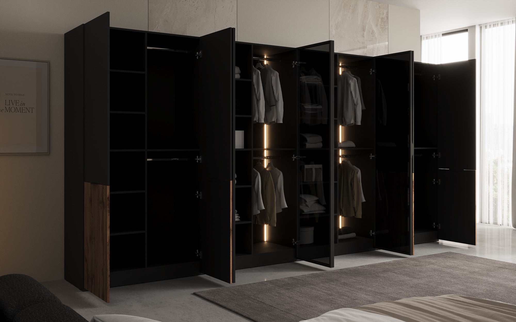 Modulo Arven XL – Vierdelige design-kledingkast met hout- en glasfront