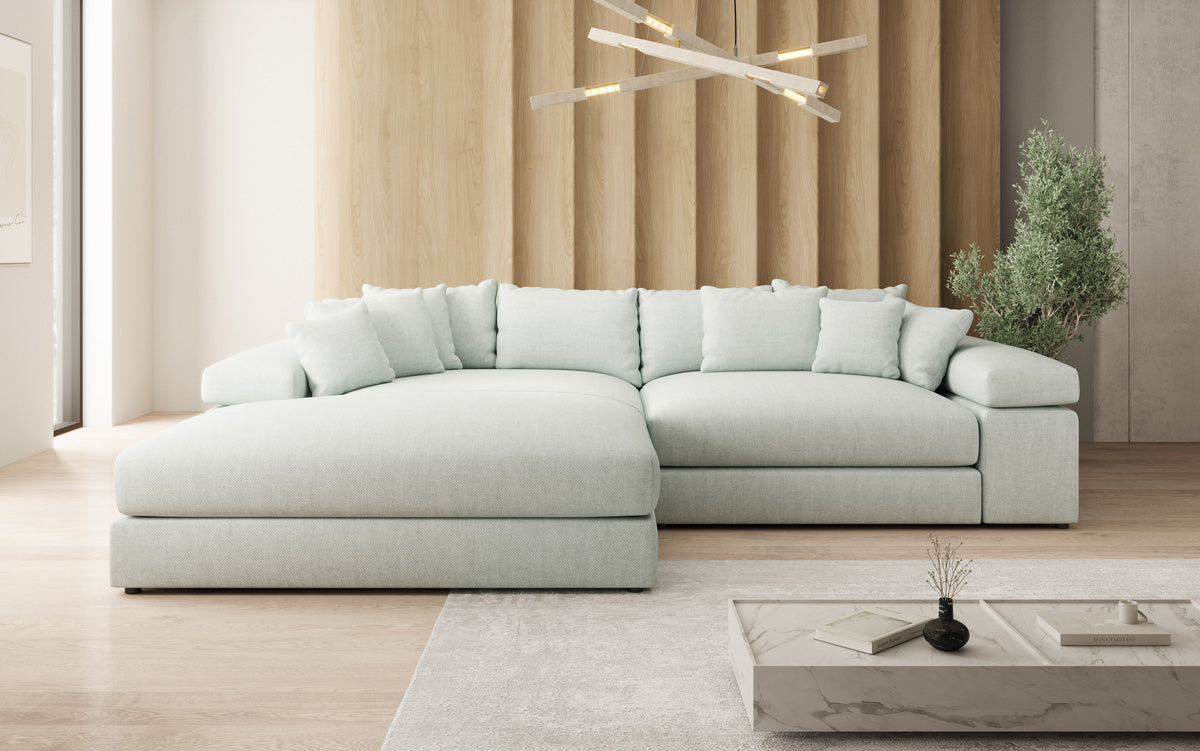 Designer hoekbank Bernardo met brede ottomaan in linnenlook