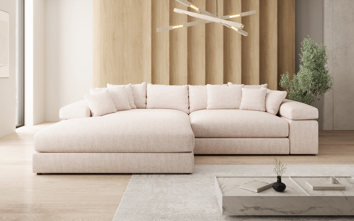 Designer hoekbank Bernardo met brede ottomaan in linnenlook