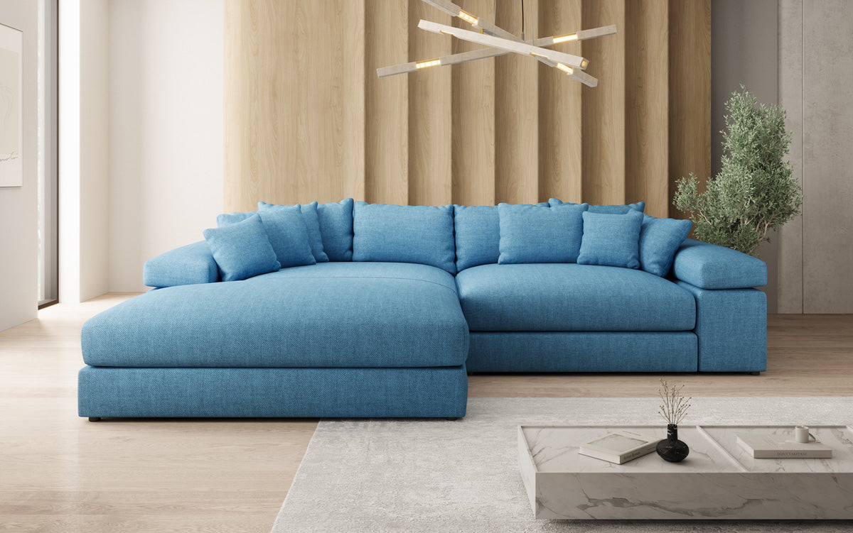 Designer hoekbank Bernardo met brede ottomaan in linnenlook