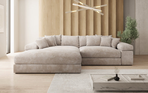 Designer-hoekbank Bernardo met brede ottomane in Ribstof