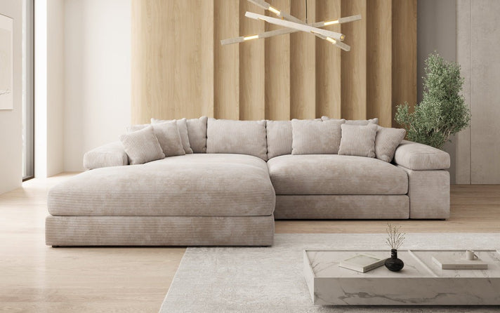 Designer-hoekbank Bernardo met brede ottomane in Ribstof