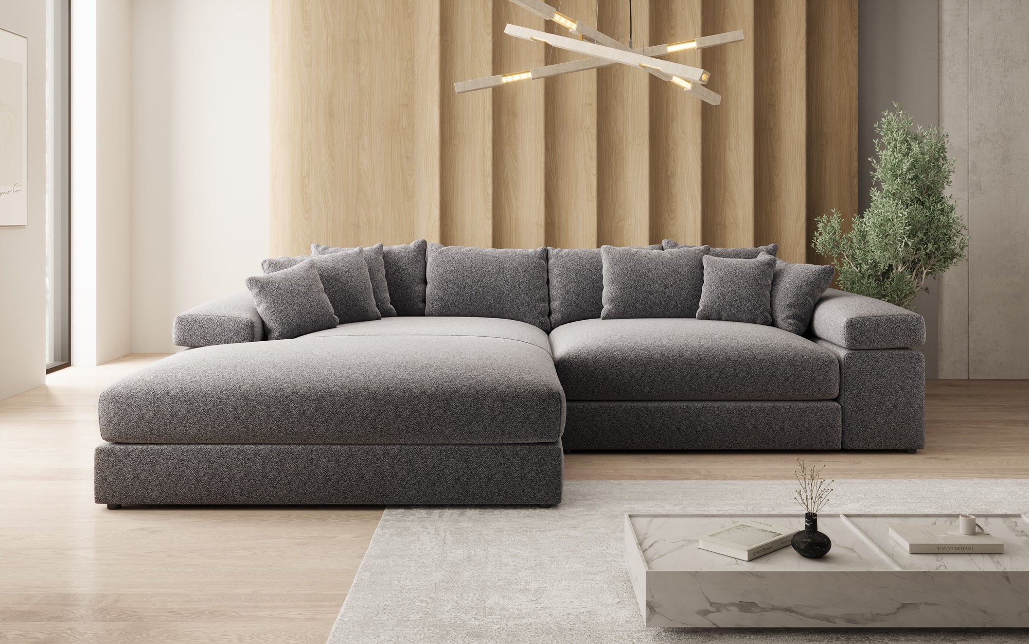 Designbank Bernardo met brede ottomane in structuurstof