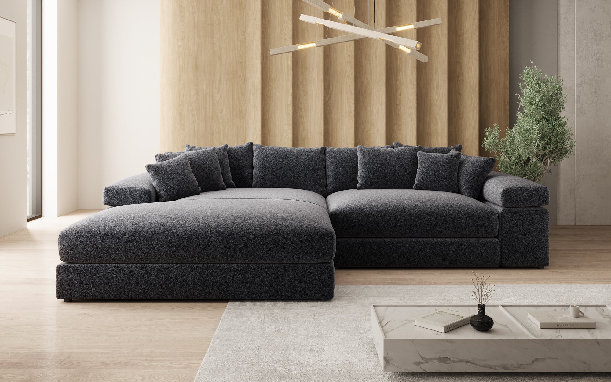 Designbank Bernardo met brede ottomane in structuurstof
