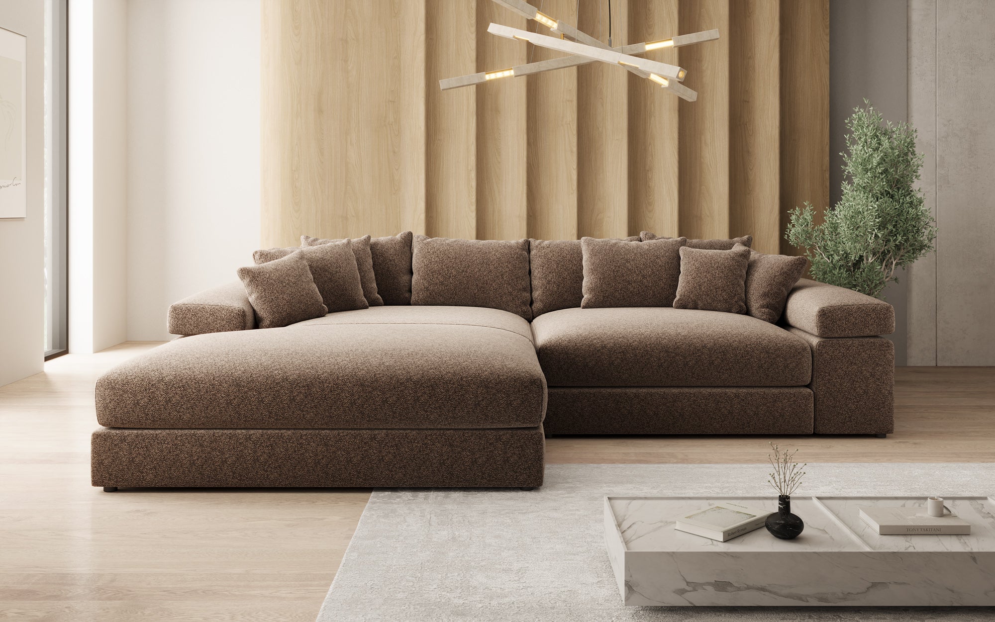 Designbank Bernardo met brede ottomane in structuurstof