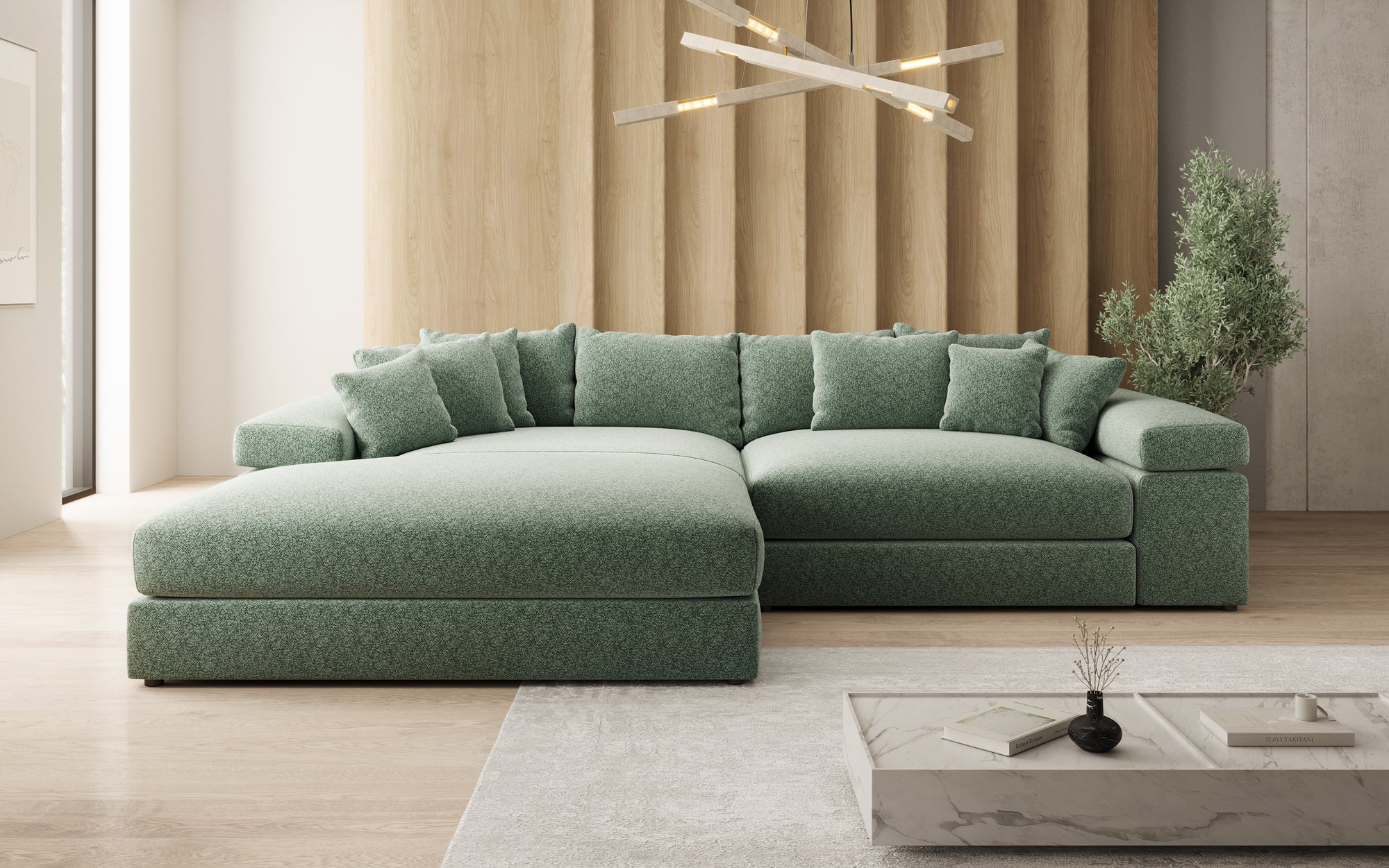 Designbank Bernardo met brede ottomane in structuurstof
