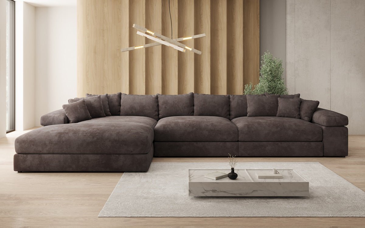 Designersofa Bernardo L Maxi met brede ottomane in ribstof