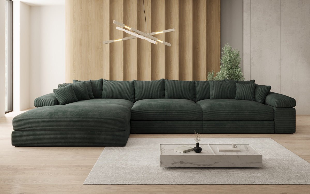 Designersofa Bernardo L Maxi met brede ottomane in ribstof