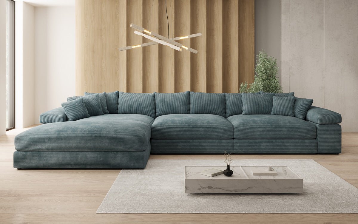 Designersofa Bernardo L Maxi met brede ottomane in ribstof