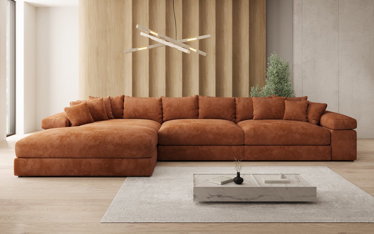 Designersofa Bernardo L Maxi met brede ottomane in ribstof