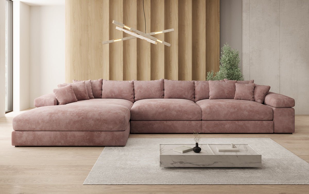 Designersofa Bernardo L Maxi met brede ottomane in ribstof