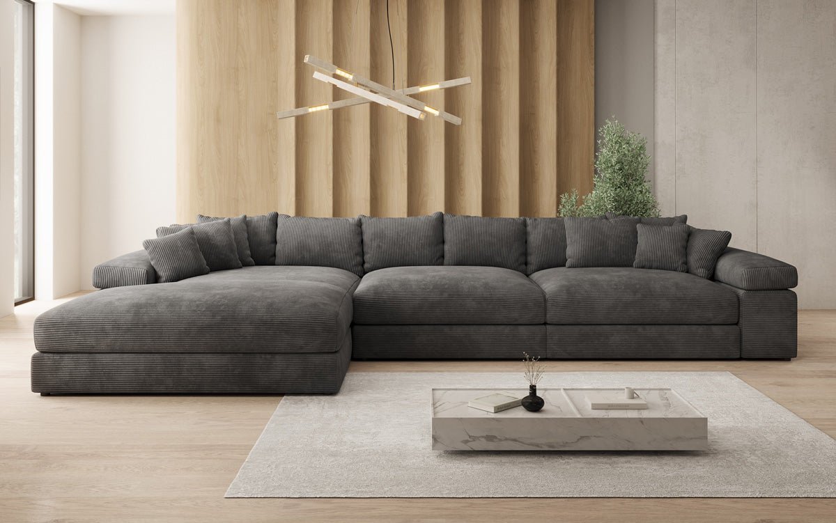 Designersofa Bernardo L Maxi met brede ottomane in ribstof