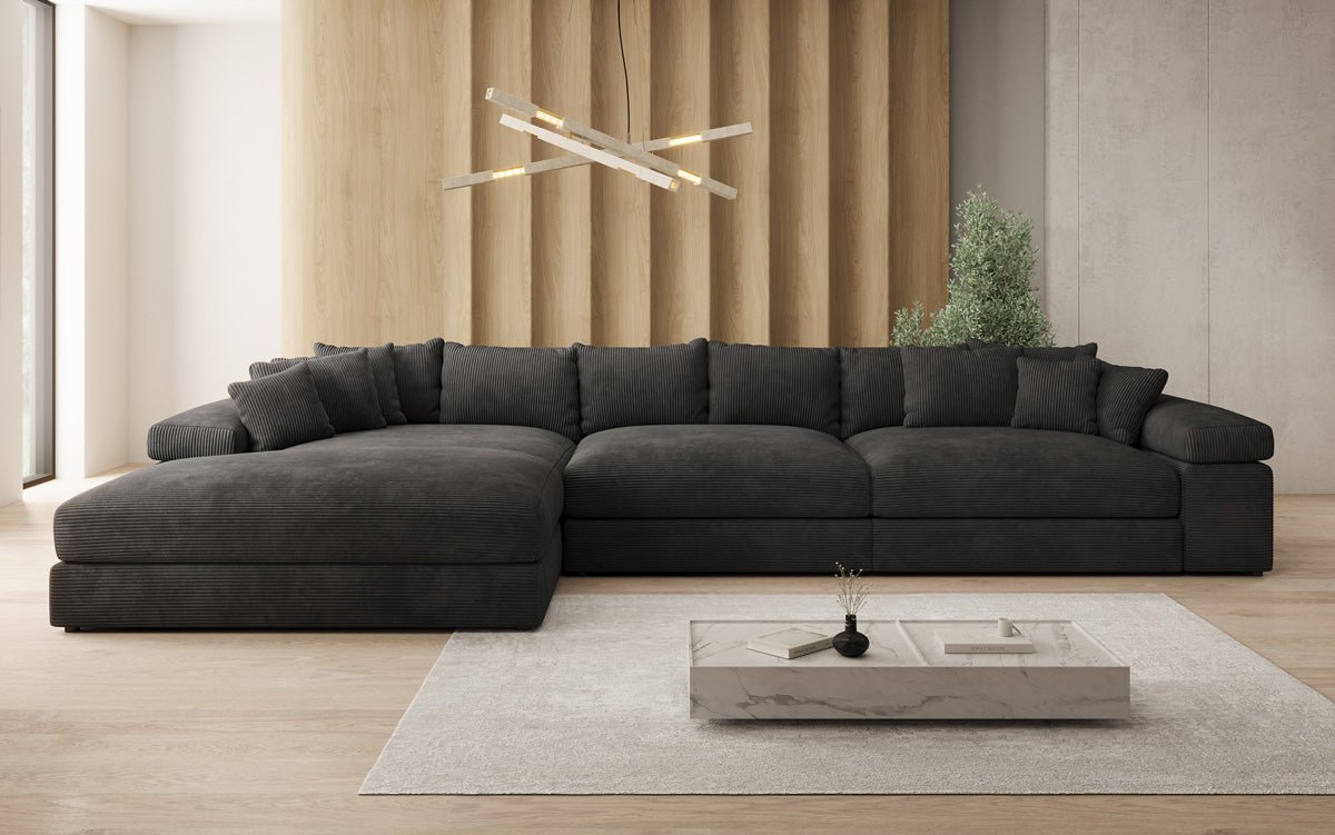 Designersofa Bernardo L Maxi met brede ottomane in ribstof