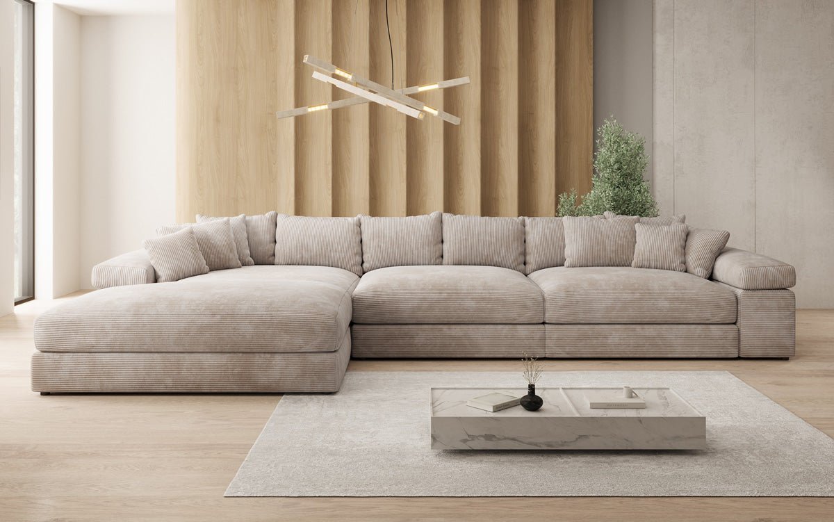 Designersofa Bernardo L Maxi met brede ottomane in ribstof