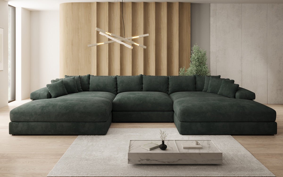 Designersofa Bernardo U met brede ottomane in ribstof