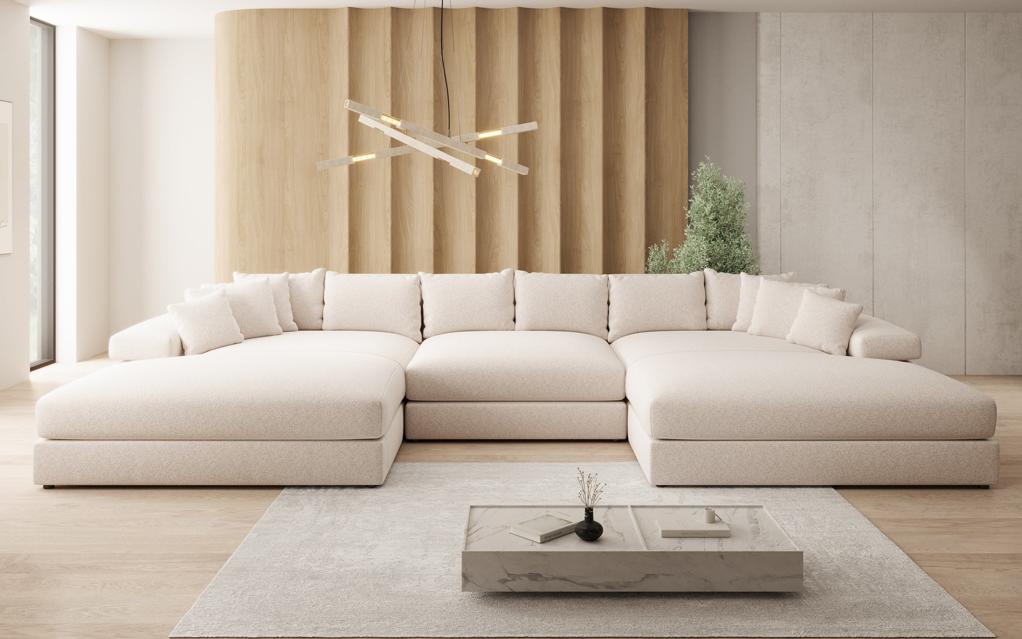 Designsofa Bernardo U met brede ottomane in structuurstof