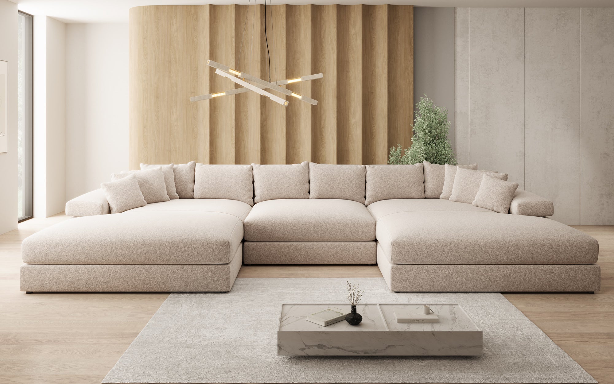 Designsofa Bernardo U met brede ottomane in structuurstof