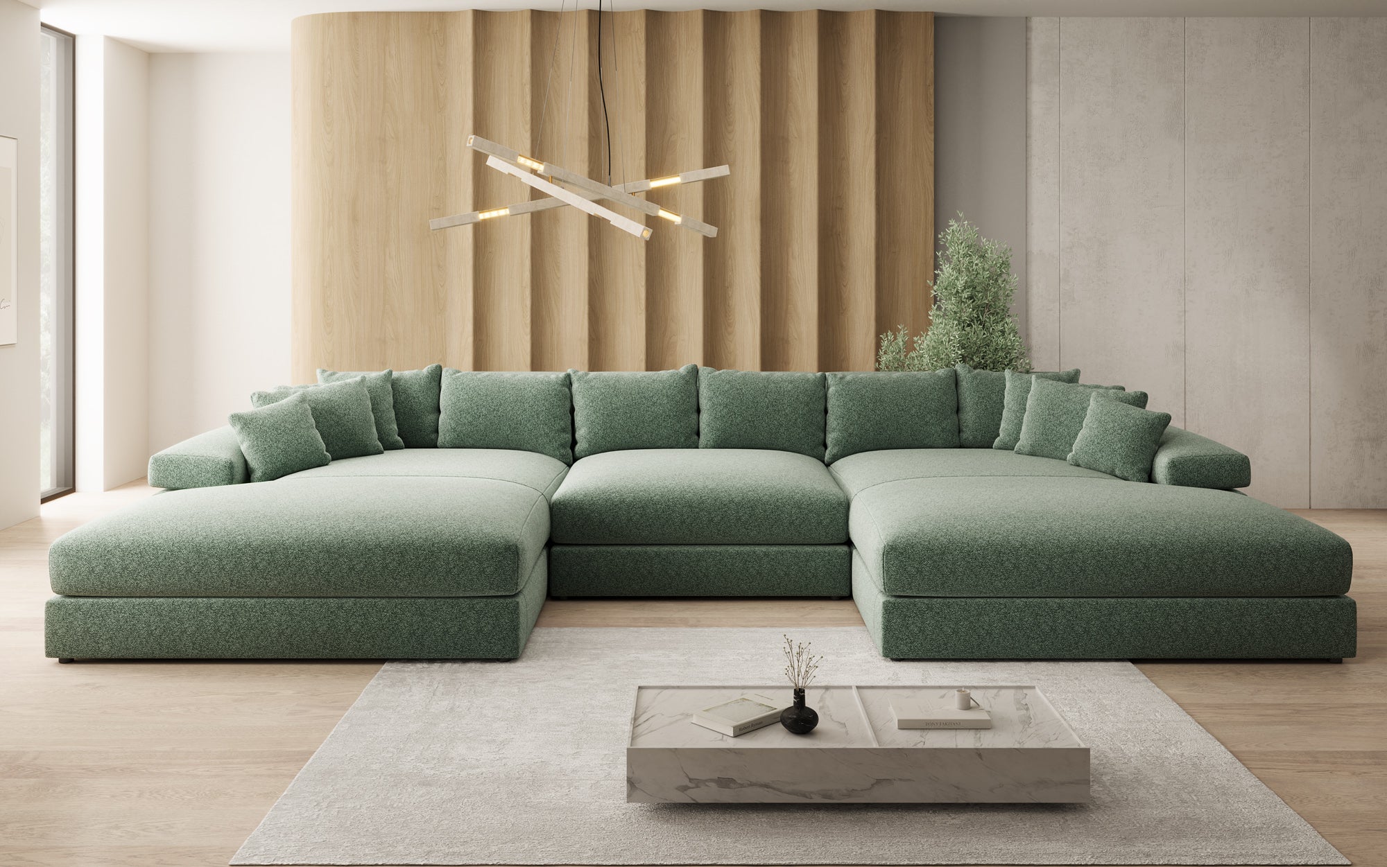 Designsofa Bernardo U met brede ottomane in structuurstof