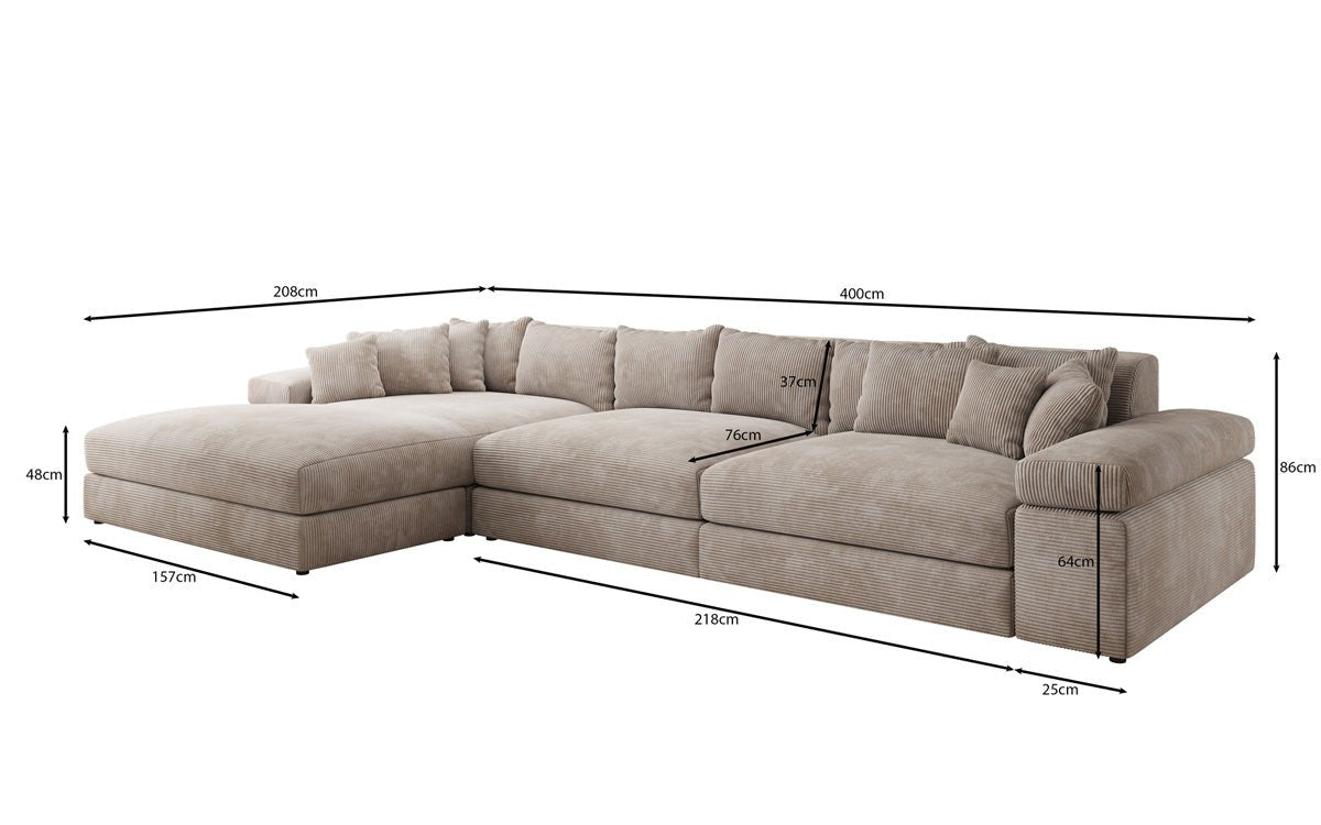 Designersofa Bernardo L Maxi met brede ottomane in ribstof