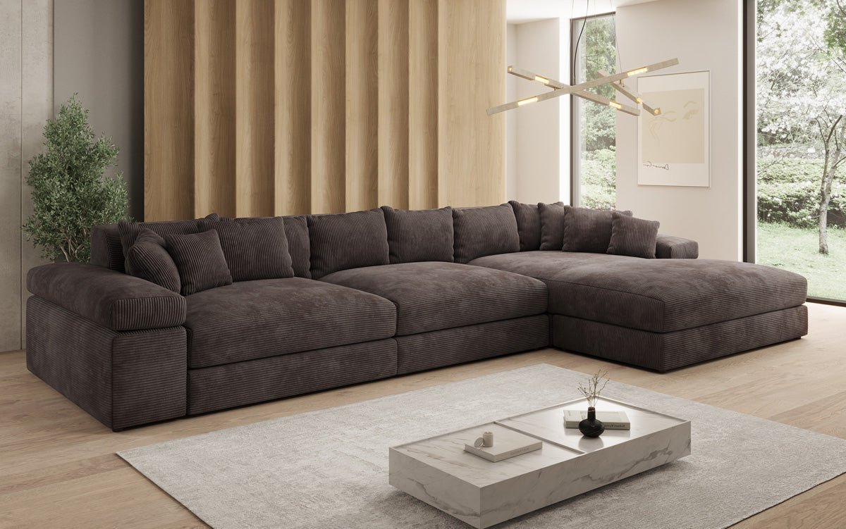 Designersofa Bernardo L Maxi met brede ottomane in ribstof