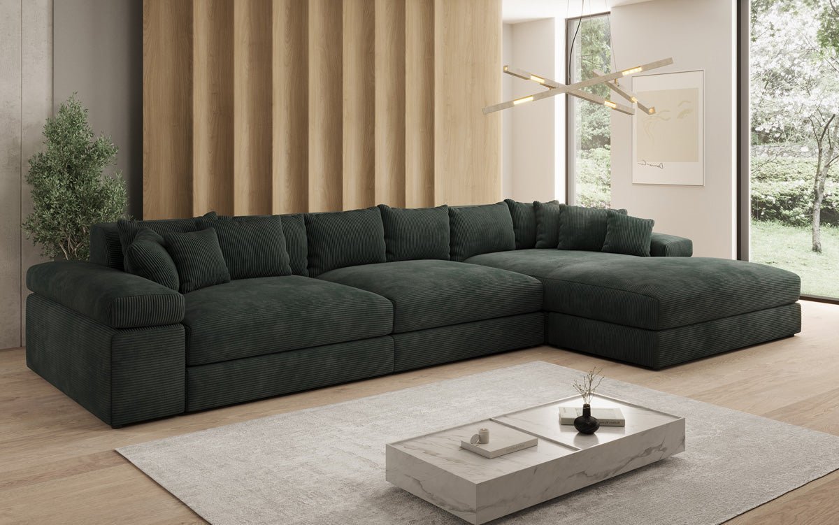 Designersofa Bernardo L Maxi met brede ottomane in ribstof