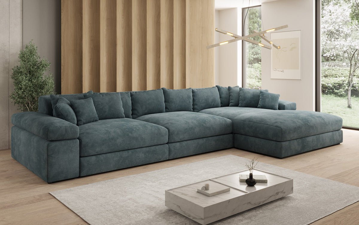 Designersofa Bernardo L Maxi met brede ottomane in ribstof