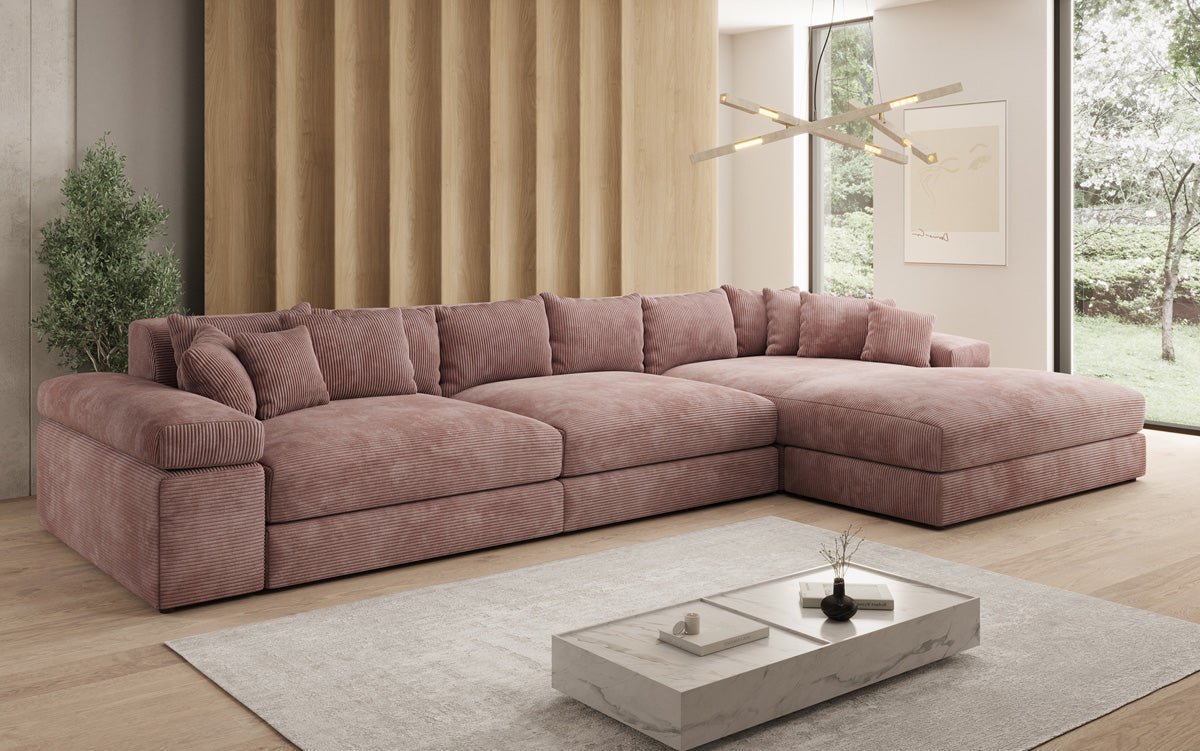 Designersofa Bernardo L Maxi met brede ottomane in ribstof