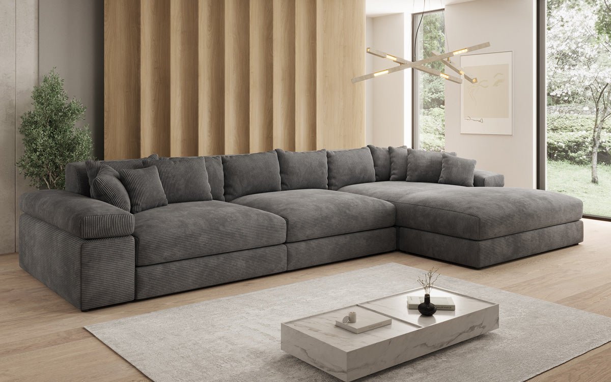 Designersofa Bernardo L Maxi met brede ottomane in ribstof