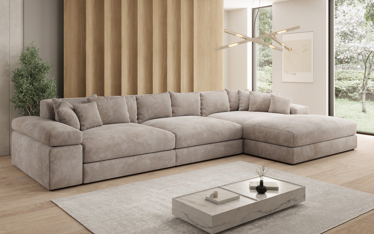 Designersofa Bernardo L Maxi met brede ottomane in ribstof