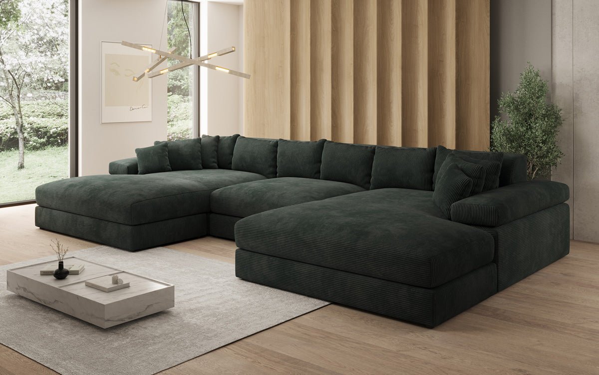 Designersofa Bernardo U met brede ottomane in ribstof