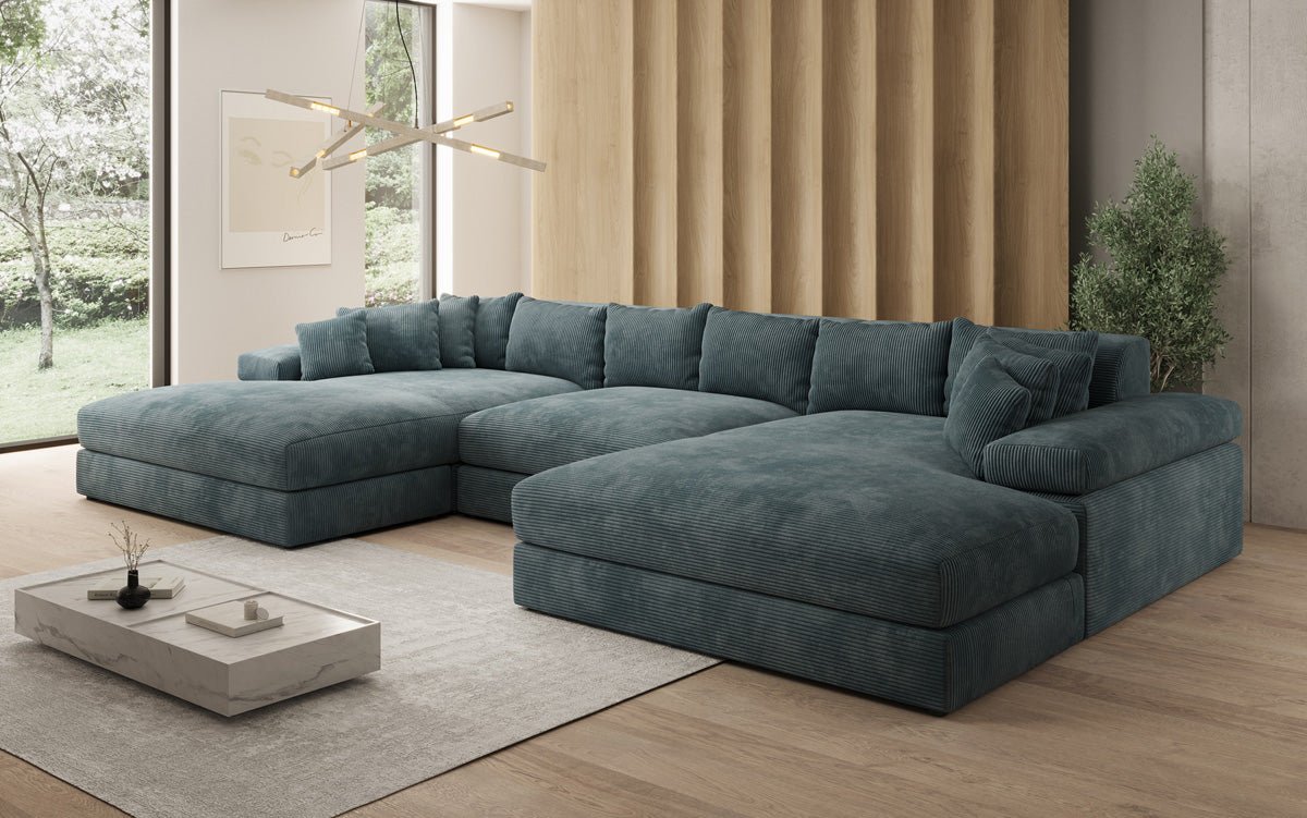 Designersofa Bernardo U met brede ottomane in ribstof