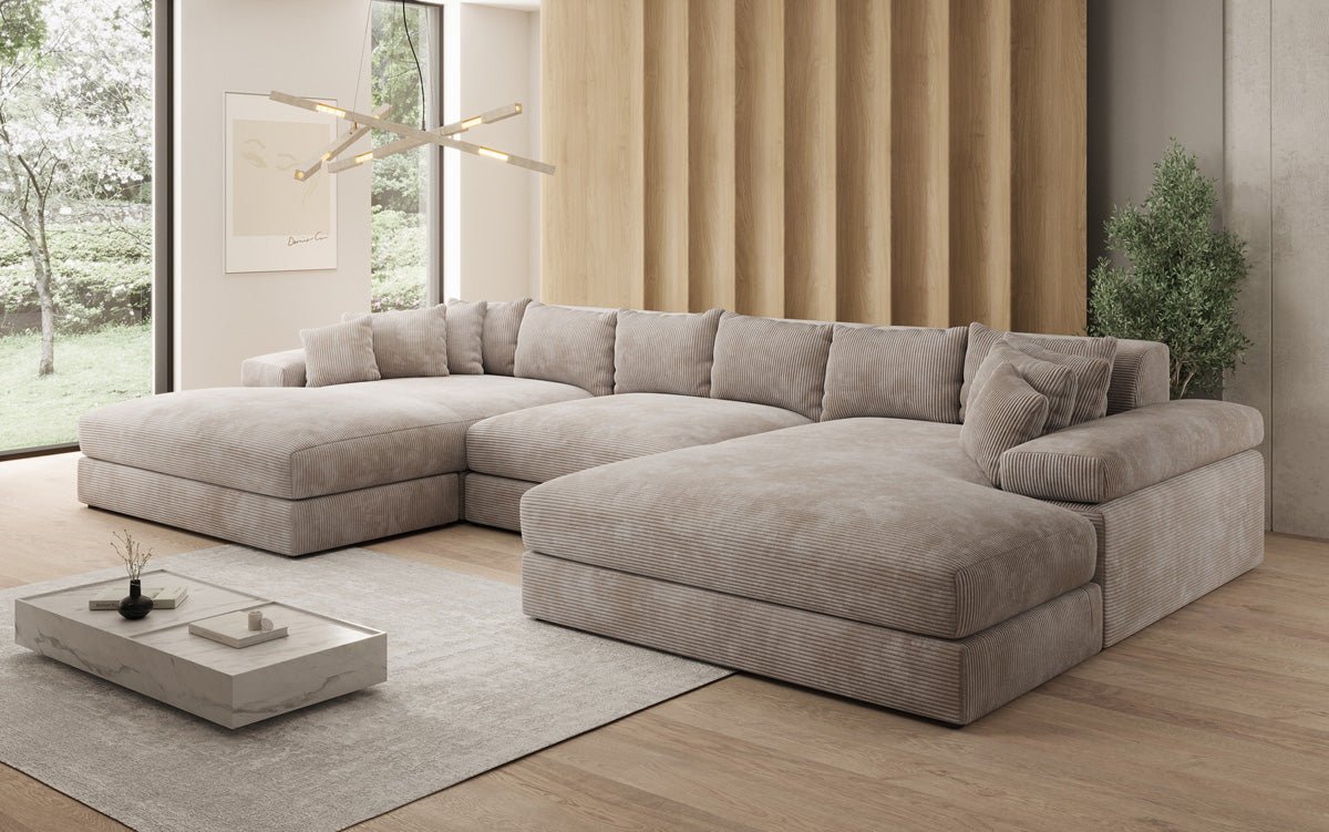 Designersofa Bernardo U met brede ottomane in ribstof
