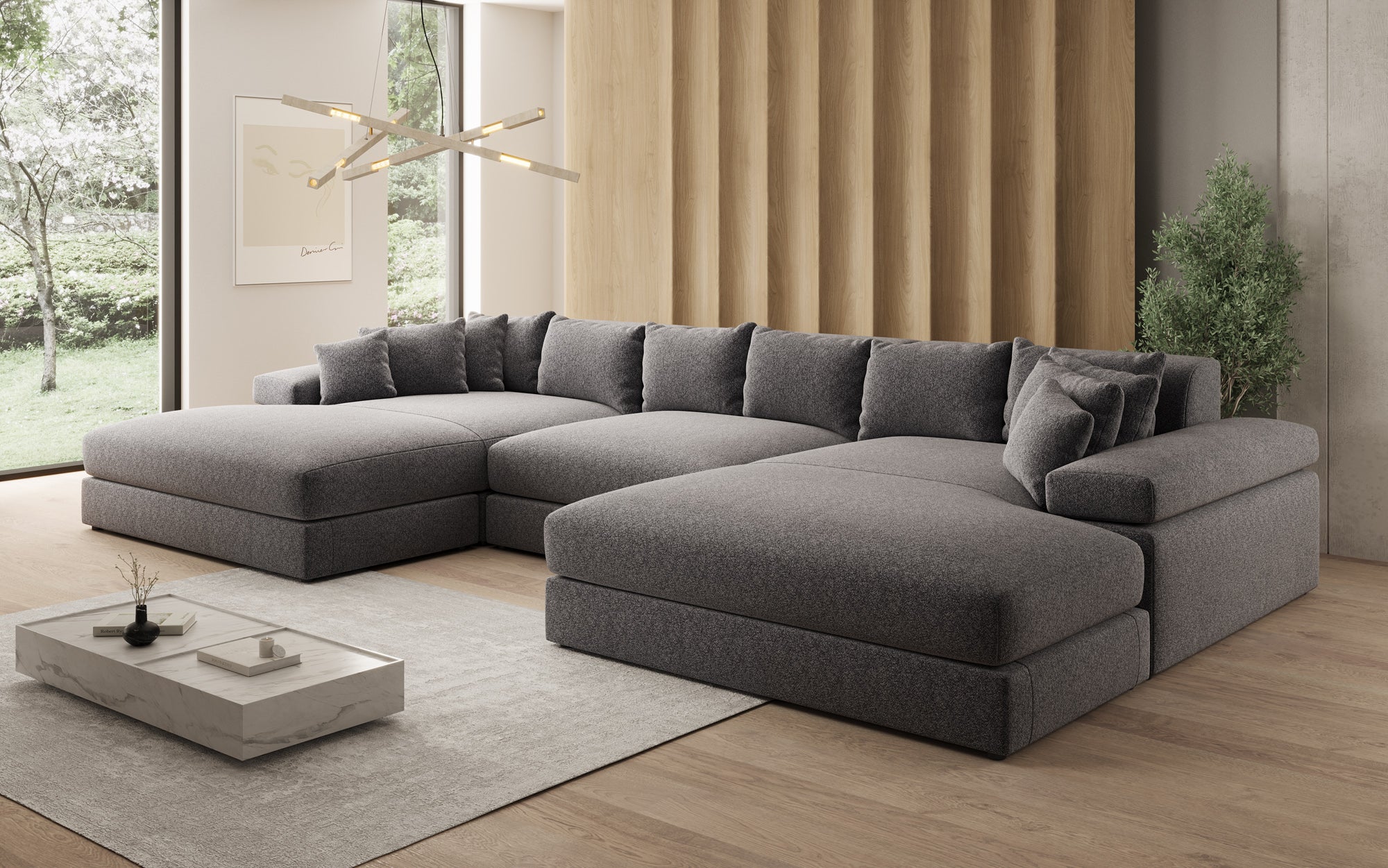 Designsofa Bernardo U met brede ottomane in structuurstof