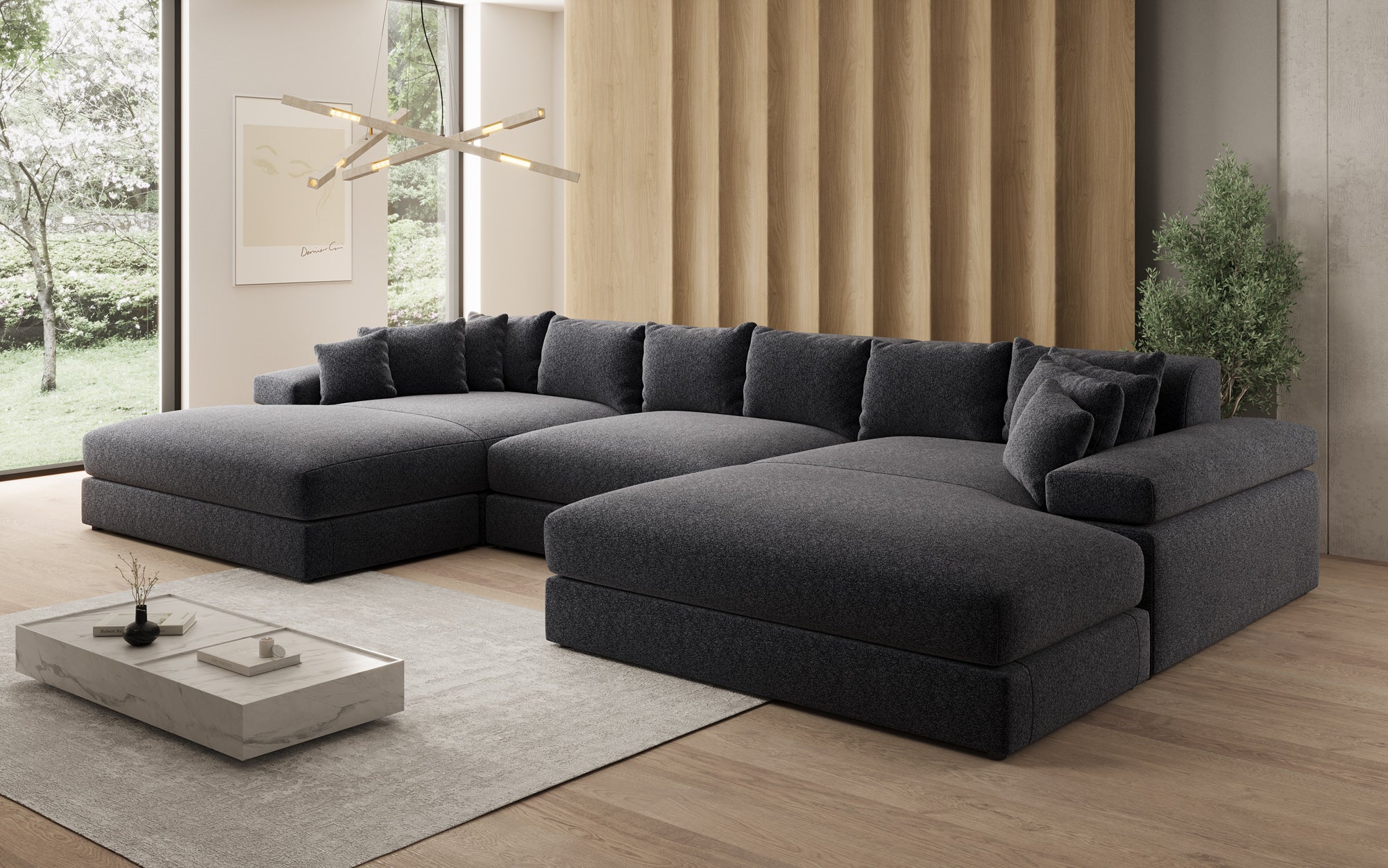 Designsofa Bernardo U met brede ottomane in structuurstof