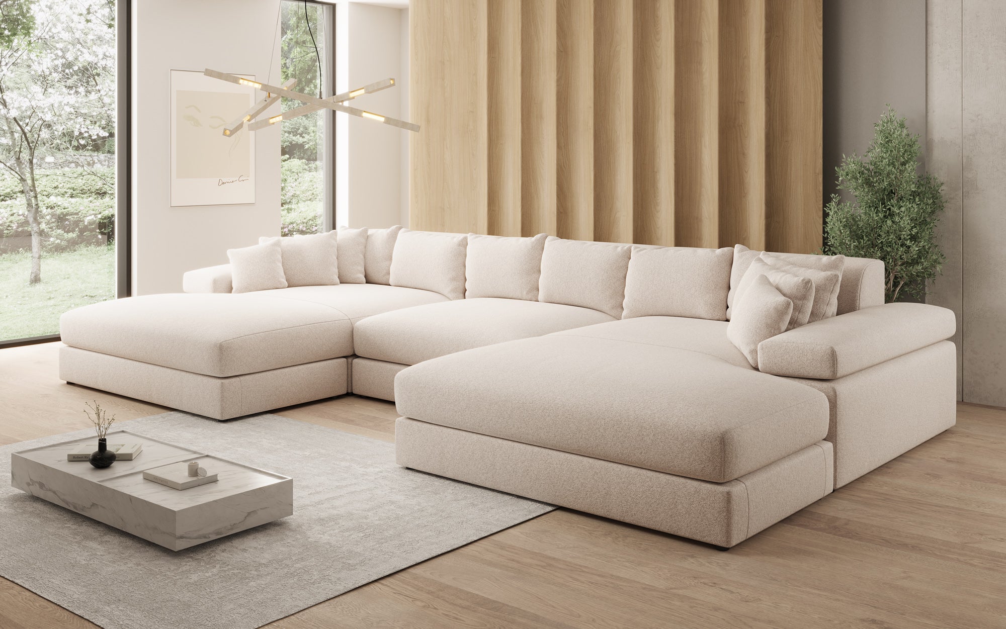 Designsofa Bernardo U met brede ottomane in structuurstof